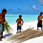 Traditional Fishing Knowledge**

"A group of I-Kiribati people, including elders and youth, are demonstrating the construction of a traditional fish trap from woven coconut leaves on a white sand beach, turquoise ocean in the background, fully clothed in modest attire, appropriate content, safe for work, perfect anatomy, correct proportions, professional, family-friendly, natural lighting, documentary photography."

**