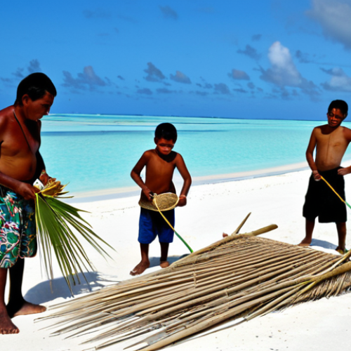 Traditional Fishing Knowledge**

"A group of I-Kiribati people, including elders and youth, are demonstrating the construction of a traditional fish trap from woven coconut leaves on a white sand beach, turquoise ocean in the background, fully clothed in modest attire, appropriate content, safe for work, perfect anatomy, correct proportions, professional, family-friendly, natural lighting, documentary photography."

**