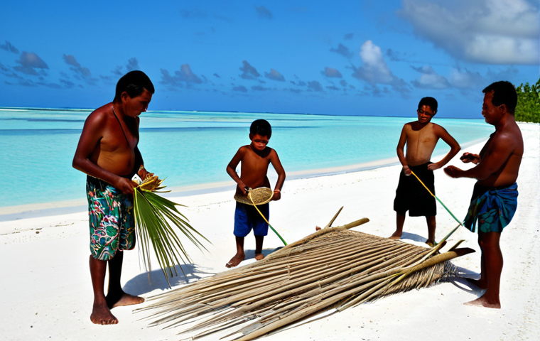 Traditional Fishing Knowledge**

"A group of I-Kiribati people, including elders and youth, are demonstrating the construction of a traditional fish trap from woven coconut leaves on a white sand beach, turquoise ocean in the background, fully clothed in modest attire, appropriate content, safe for work, perfect anatomy, correct proportions, professional, family-friendly, natural lighting, documentary photography."

**